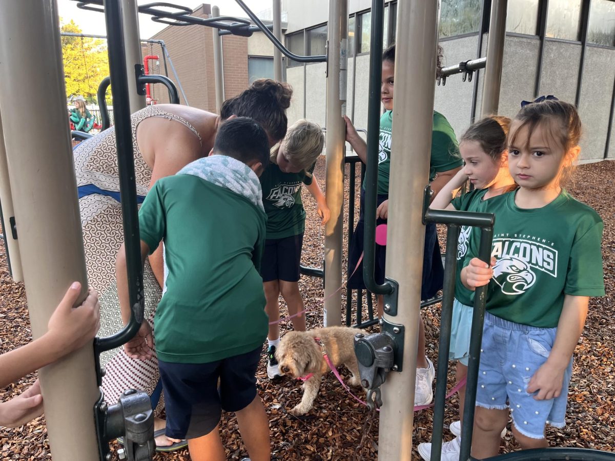 A few lower school students gather around the playground to pet a dog.