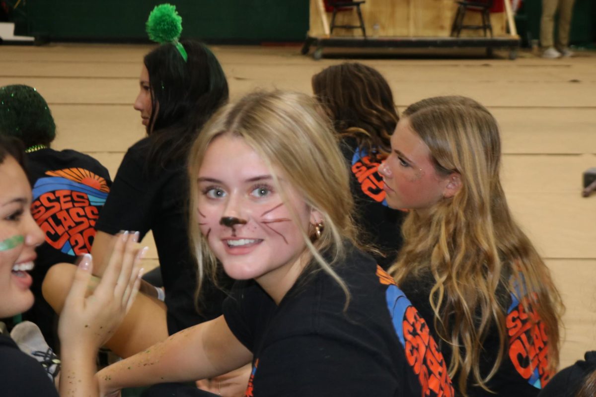 A freshman skit participant sports face-paint, part of her costume as the "groundhog" in the freshman performance. 