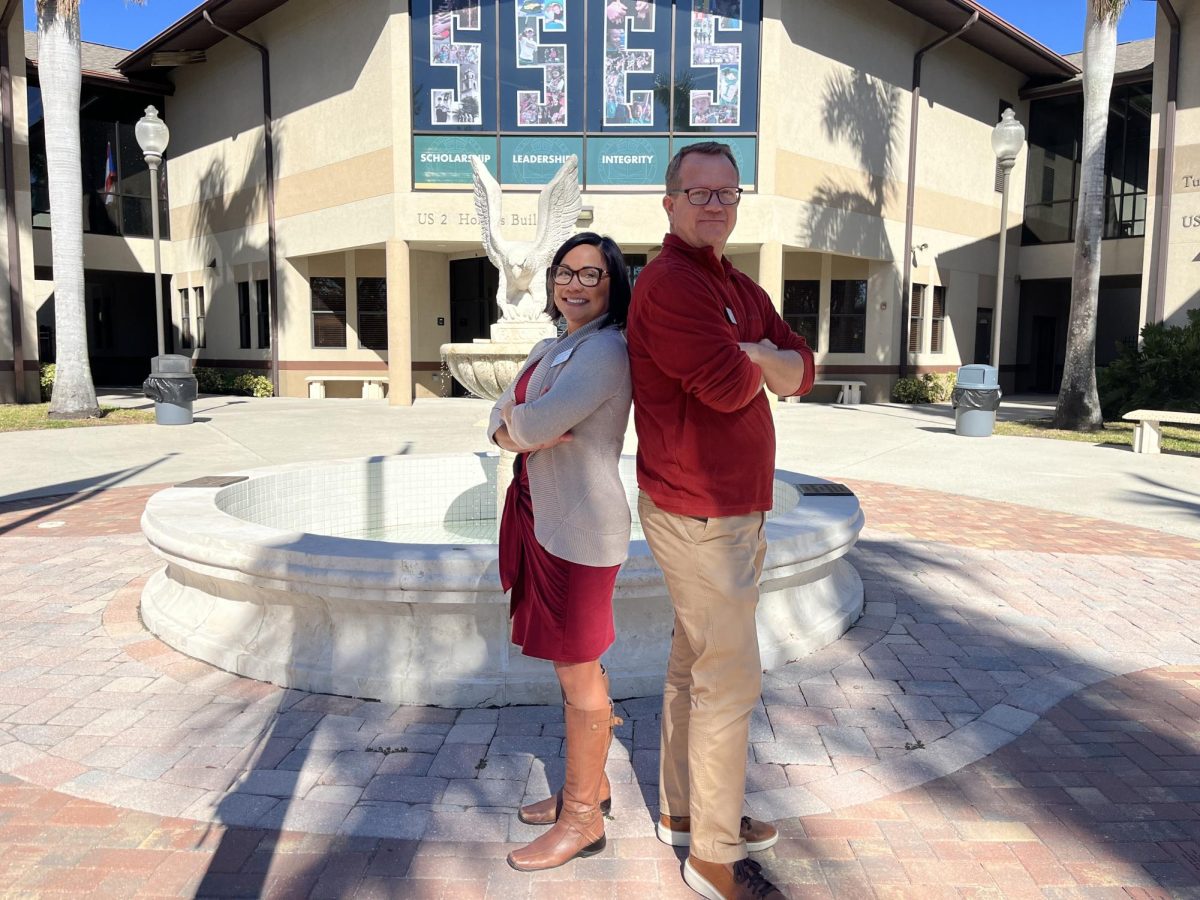 Conn and Moore posing in front of the US front office. The new administrative duo have set new plans in motion that have made a huge impact on the upper school. 